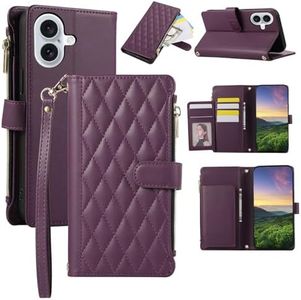 Boyobacase for iPhone 16 Wallet Case,for iPhone 16 Case, PU Leather Wallet Flip Cover Stand Feature[6 Card Slots] [1 Cash Pocket] [1 Zipper Coin Pocket] with Wrist Strap-Dark Purple
