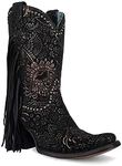 CORRAL LADIE'S BLACK/GOLADIE'S STAMPED FLORAL SUEDE STUDS & FRINGES ANKLE BOOT NARROW SQUARE TOE, CORRAL SMALL SOLE,COWHIDE LEATHER, URBAN BOOT, A4492