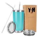 Y·J&H 20oz (550ml) Travel Tumbler Double Wall Vacuum Insulated Coffee Mug Stainless Steel Coffee Cup with 2 Splash Proof Lid, 2 Straws & Free Cleaning Brush, BPA Free - Turquoise