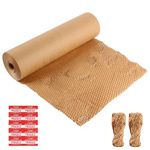 suituts Honeycomb Packing Paper, 15" x 230' Honeycomb Wrapping Paper Roll for Moving Shipping Packaging Gifts, Biodegradable Paper Bubble Wrap, with 50 Fragile Sticker Labels