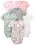 Simple Joys by Carter's Baby Girls' 6-Pack Short-Sleeve Bodysuit, Pink Dino, Floral, Mint, White, Gray, 0-3 Months