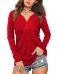 Decrum Womens Red Long Sleeve Henley Casual T Shirts for Women (N) | [40049026] 5 Button Henley, 2XL