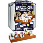 Queensell Mexican Train Dominoes Set with Numbers and 4 Holders - Wooden Hub and Domino Holders - Double 12 with Numbers