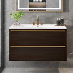 DWVO 32 Inch Bathroom Floating Vanity with Sink Combo, Wall Mount Bathroom Vanity Sintered Stone Countertop & Integrated Sink, Bathroom Cabinet Includes Ceramic Sink with Cabinet, Oak Grey