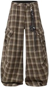Aelfric Eden Plaid Cargo Pants Mens Womens Wide Leg Baggy Barrel Flannel Y2K Vintage Streetwear Casual Trousers with Chain Brown M