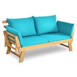 DORTALA Patio Convertible Couch Sofa Bed, Acacia Wood Daybed w/Adjustable Armrest, Collapsible Chaise Lounge w/Cushions & Pillows, Outdoor Loveseat for Garden, Poolside, Courtyard, Turquoise