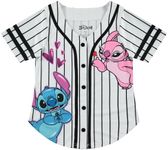 Disney Girls Lilo & Stitch and Angel Baseball Jersey-Classic Mesh Button Down Shirt, White/Black, 10-12