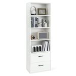 COSTWAY 188cm Tall Bookcase, 6-Tier Wooden Bookshelf Storage Cabinet with 4 Open Shelves and 2 Drawers, Modern Freestanding Cupboard Display Organizer Unit for Living Room Bedroom Office (White)