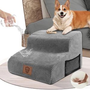 ZNM Escalier pour Chien, Escalier Chien à 2 Marches en Mousse à Haute avec Housse Amovible et Lavable, Escaliers pour Petits Animaux Antidérapant pour Lit et Canapé - Gris