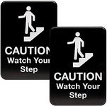 Excello Global Products Caution Watch Your Step Sign: for Business Restaurants Offices Indoor Outdoor Use Easy to Mount Informative Plastic Sign with Symbols 5” x 7”, Pack of 2 (Black)