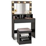 COSTWAY Dressing Table Set with LED Lights Hollywood Mirror, Drawer and Shelves, Modern Detachable Makeup Vanity Table Stool Set, Home Bedroom Furniture Cosmetics Dresser Gift for Girls Women