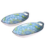 Nestasia Set of 2 Blue and Green Mandala Art Ceramic Long Dish with Handles for Serving Snacks, Appetizers, Salads, and Noodles | Microwave Safe, Dishwasher Safe (10.8 Inch)