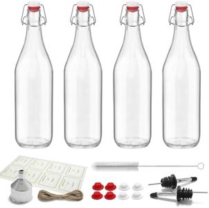 4 Pack [1 Liter / 33 fl. oz.] Swing Top Glass Bottles – Airtight Flip Top Brewing Bottles for Kombucha, Beer, Wine, Kefir, Soda, Liquor – Includes Funnel, 2 Pourers, 6 Seals, 8 Labels & Jute Twine