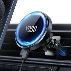 YOSH Mag-Safe Car Charger Mount, 15W Fastest Charging & 16x N52 Magnets New Magnetic Wireless iPhone Car Charger Air Vent, Perfect for iPhone 15/14/13/12 Series & MagSafe Case with Double Lock Clips