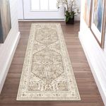 Yamaziot Washable Runner Rug, 2x6 Non-Slip Boho Vintage Hallway Rug Runner with Rubber Backing, Stain Resistant Faux Wool Distressed Carpet Runner for Kitchen, Laundry, Entrance, Beige Brown