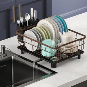 AIDERLY Iron Dish Drying Rack with Drainboard Dish Drainers for Kitchen Counter Extendable Spout Strainers with Utensil Holder and Knife Slots, Brown