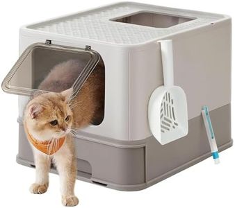 FEANDREA Cat Litter Box with Lid, Covered Litter Box with Top Entry, Slide-Out Tray, Scoop, Brush, for Large Cat, Max. Load 33 lb, Anti-Tracking, Anti-Leaking, Oatmeal and Warm Gray PPT001G01