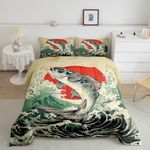 jejeloiu Pike Fish Comforter Set Japanese Wave Bass Big Fish Bedding Set Queen Size for Kids Boys Girls Teens Bedroom Decor Fishing and Hunting Comforter Sunset Duvet Set with 2 Pillow Case