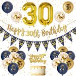 30th Birthday Decorations Men Blue Gold Happy 30th Birthday Banner, 30th Birthday Balloons, Navy Blue Gold Latex Balloons Party Decorations Confetti Balloons for Men 30 Birthday Party Supplies