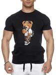 Men’s T Shirts for Training & Fitness Short Sleeved Crew Neck Graphic Women’s Tee Shirt with Selfi Teddy Bear Sticker Soft Cotton & Fast Drying Running & Gym Tops (Large, Black)