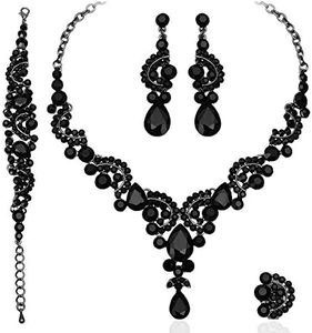 CSY 4 Pcs/Sets Vintage Necklace Earrings Bracelet Ring Retro Bridal Wedding Costume Jewelry Sets for Brides Women Gifts (Black Crystal)