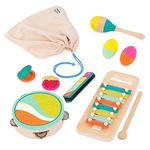 B. toys – Toy Instruments – 9Pc Wooden Music Set – Xylophone, Tambourine, Harmonica – Drawstring Storage Bag – 2 Years + – Make a Melody