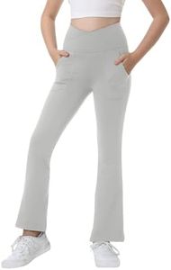 Jinhiteam Flare Leggings for Girls 6-7 Years Old Kids Elastic Crossover Waist Grey Bootcut Pants with Pockets