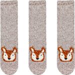 Super Soft Warm Cute Animal Non-Slip Fuzzy Crew Winter Socks - 02 Grey Fox - 3 Pairs - Value Pack