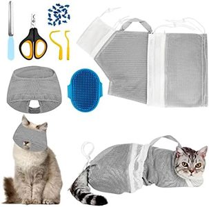 Cat Bathing Bag Set 8 PCS with Cat Shower Net Bag Breathable Mesh Cat Muzzle Adjustable Pet Grooming Brush Nail Clipper Nail File Tick Tool Nail Cap for Cat Nail Trimming Washing Restraint Feeding