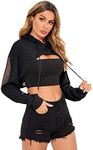 Verdusa Women's Sheer Fishnet Drop Shoulder Drawstring Hoodie Crop Sweatshirt Black S