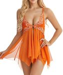 Lingerie for Women Front Closure Babydoll Lace Chemise V Neck Mesh Sleepwear - Orange - XX-Large