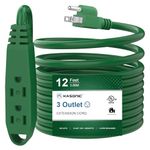 12-Feet 3 Outlet Extension Cord, Kasonic UL Listed, 16/3 SJTW 3-Wire Grounded, 13 Amp 125 V 1625 Watts, Multi-Outlet Indoor/Outdoor Use, Green