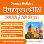 Orange Holiday Europe eSIM 30 Days 20GB High-Speed Data Unlimited Calls & SMS in 50 European Countries 30 Min Global Calls + 200 SMS Bonus 5G/4G Hotspot (Orange EU 30Days 20GB)