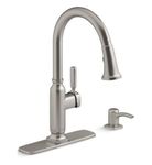 KOHLER Ealing Vibrant Stainless Single Handle Pull-Down Kitchen Faucet with Sprayer (Deck Plate and Soap Dispenser Included), R28703-SD-VS