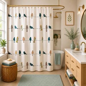 homewards Premium Polyester Birds Design Shower Curtain with 12 Hooks Room Darkening | Standard, 6ft x 6ft (180cm x 180cm) Set of 1