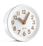 Driini Wooden Analog Desktop Clock – 4.3 in. Decorative Pinewood Clock, No-Tick Design – Easy to Read Silent Sweep Mantle Clock – Quiet Tabletop Clocks with Wood Body, Hands, & Battery Cover; White