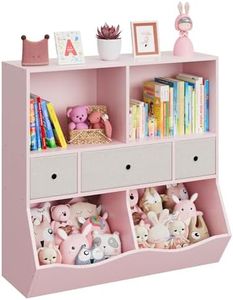 IDEALHOUSE Kids Toy Storage Organizer with 3 Movable Drawers, 3 Tier Children Bookcase and Bookshelf, 7 Cubby Toy Storage Cabinet, Toy Shelf for Playroom, Bedroom, Living Room, Nursery,Pink