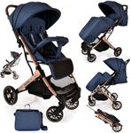 Lightweight Stroller, Baby Pushchair, Compact Travel Buggy, One Hand Foldable, Upgraded Wheels, Four Seasons Stroller, Foot Cover, Mommy Bag, Rain Cover (Blue - Rose Gold Frame)