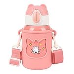 500ml Kids Insulated Water Bottle with Straw for School, Cartoon Stainless Steel Water Bottle Leak-Proof Metal Drink Bottle Small Flask Insulated Hot Cold Water Bottle for Girls Pink