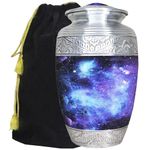 M MEILINXU Blue and Silver Cosmic Galaxy Large Urns, Funeral Cremation Urns for Human Ashes Adult, Aurora Borealis Decorative Urn for Burial or Home, Aluminum Urn for Ashes Male & Female - Engraved