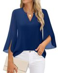 Timeson Women's 3/4 Sleeve Chiffon Blouse Shirt V Neck Dressy Tunic Tops, Navy Blue, L