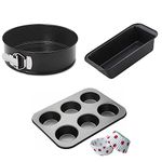 Xacton Non Stick Bakeware Set, 3 pcs | Combo of Round Cake tin, Loaf Pan and Muffin Tray with Paper Cake Cup | Baking Tray Combo Set | Kitchen Tools Set