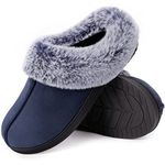 HomeTop Women's Classic Microsuede Memory Foam Slippers Durable Rubber Sole with Warm Faux Fur Collar (7-8 M, Navy Blue)