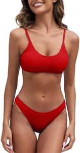 Fanuerg Women's Ribbed Bikini Sets Scoop Neck Cheeky Swimsuit Textured Two Piece Bathing Suit, Red, Medium