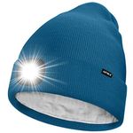 ATNKE LED Lighted Beanie Hat,USB Rechargeable 4 LED Running Headlamp Ultra Bright Cap with Light Hands Free Head Torch Winter Warm Lined Fleece Knit Beany Gifts for Men and Women/Peacock Blue