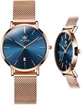 OLEVS Rose Gold Watch for Women Large Face Womens Watches for Small Wrists Blue Dial Stainless Steel Mesh Bracelet Women's Dress Watch with Date Fashion Casual Ladies Watch Waterproof Reloj de Mujer