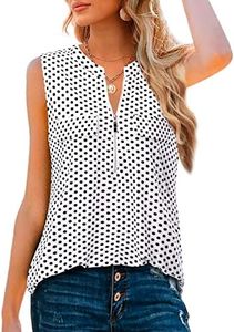 Bulotus Women's V-Neck Casual Tunic Tank Tops Zipper Sleeveless Blouse Shirt, White Polka Dot, XX-Large
