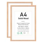 A4 Certificate Picture Frame, OAK Wood Photo Frame with mount for 15x21 cm print, Poster Frame with plexiglass for Wall Mount Display, 21x30 cm, Set of 2