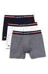 Lacoste Men's Long Stretch Cotton Jersey Boxer Brief 3-Pack, Navy/White/Stripe, Large