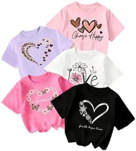 RoseSeek Girl's 3 Packs Graphic Print T Shirts Set Crew Neck Short Sleeve T Shirt Oversized Summer Tops Pink Purple Black 11Y